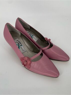 Ros Hommerson Dusty Rose Pink Leather Mary Jane Kitten Heels Floral Pumps 6.5W